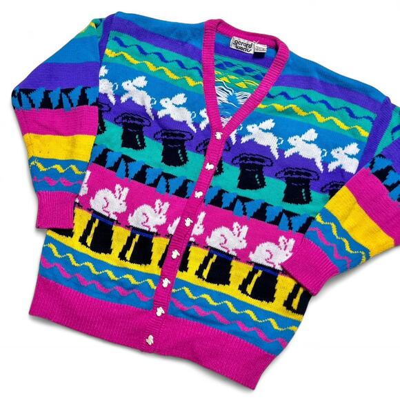 Gerard Works 80s Vintage Magician Magic Rabbit Sweater Cardigan Small - Picture 3 of 8